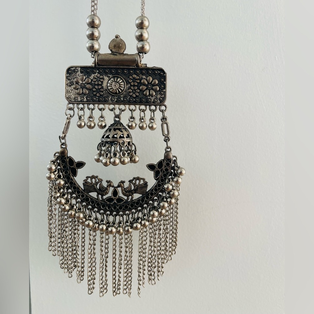 Oxidized silver necklace with peacock motifs